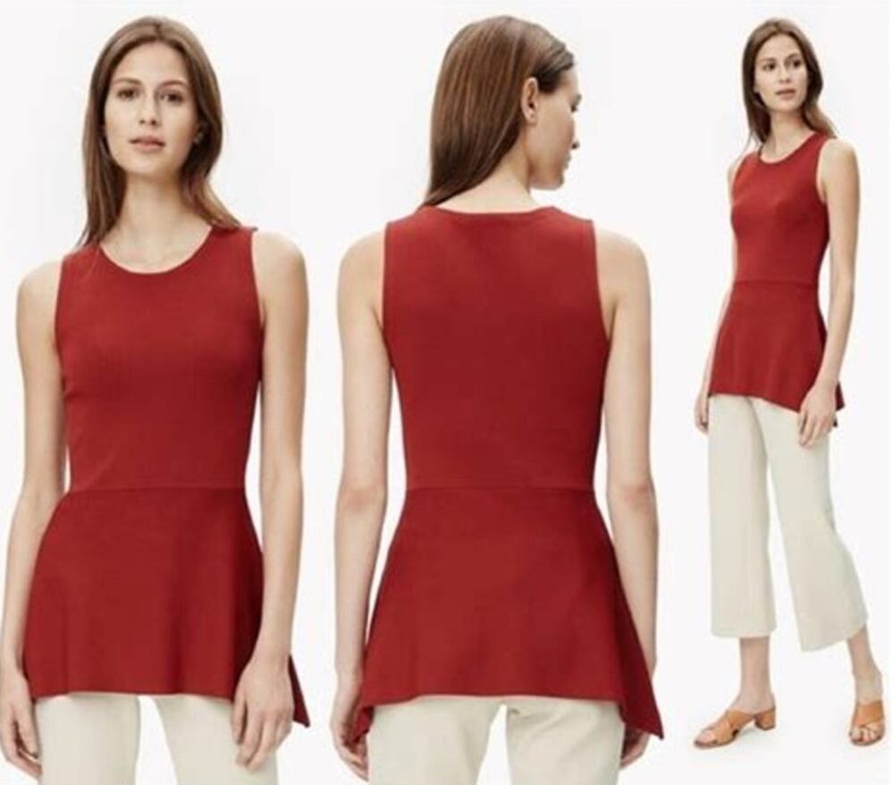 Theory Kalora Lustrate Peplum Stretch Knit Sleeveless Tunic Tank Brick Rust Red
